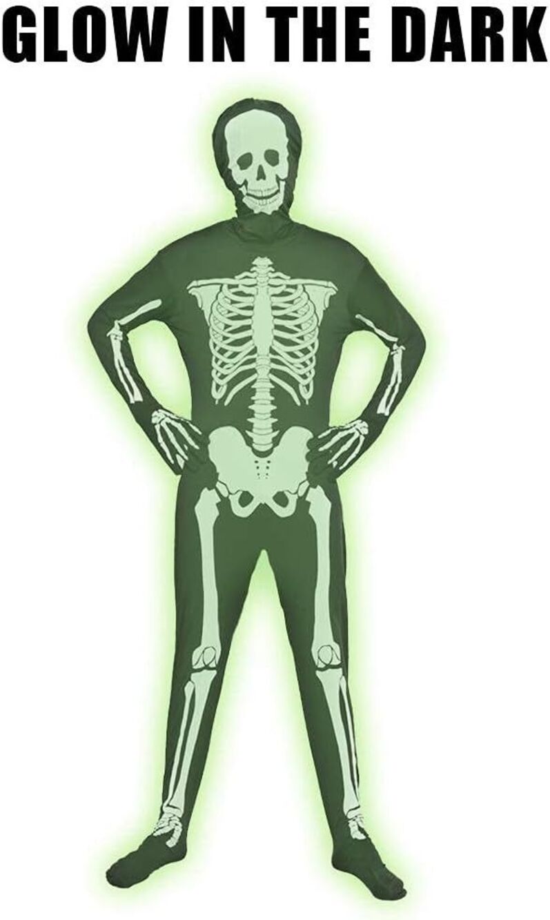 Men Glow in the Dark Skeleton Hooded Jumpsuit Costume XLarge NEW